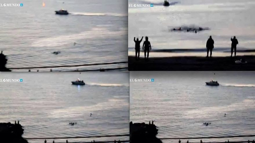 Planos de uno de los vídeos, difundido por elmundo.es, donde se ven los destellos de material antidisturbios utiizados desde la barca de la Guardia Civil. (Fotomontaje: Merche Negro)