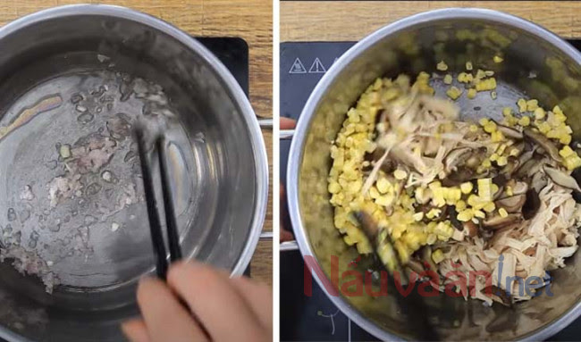 phi thơm hành rồi cho gà xé sợi, nấm thái chỉ vào xào và nêm gia vị cho vừa ăn