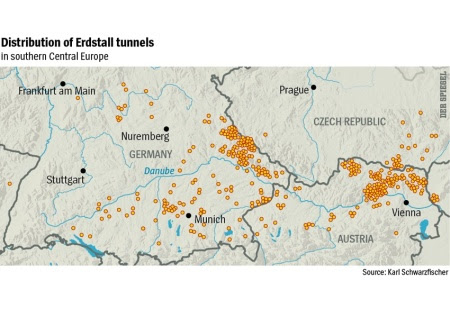 Distribuição dos túneis de Erdstall na Europa Central.