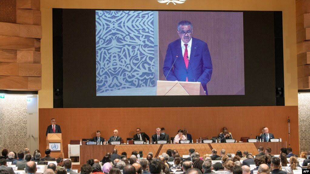 World Health Organization (WHO) Director-General Tedros Adhanom Ghebreyesus delivers a speech on the opening day of 75th World Health Assembly of the WHO, in Geneva, Switzerland, May 22, 2022.