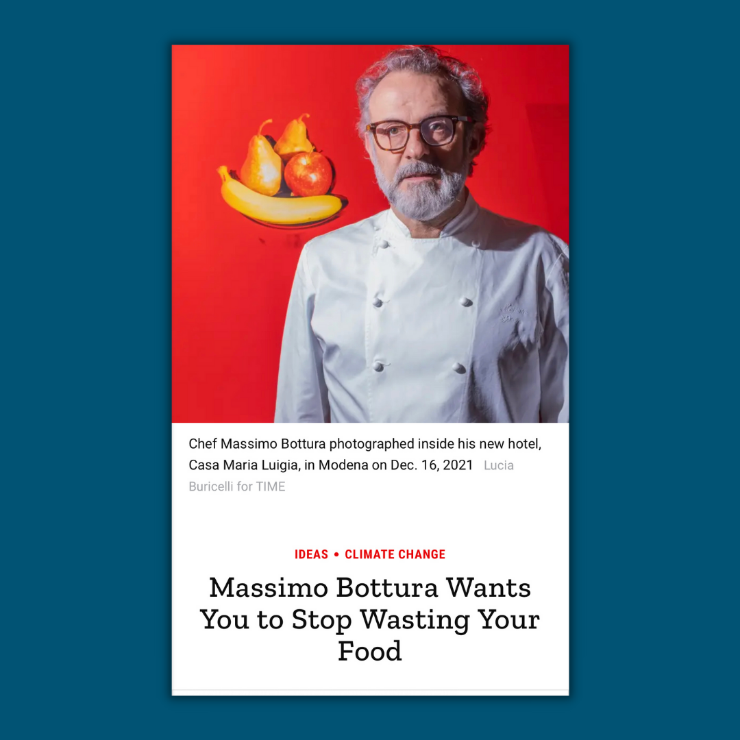 blue graphic with screen shot of NYT article about Massimo Bottura