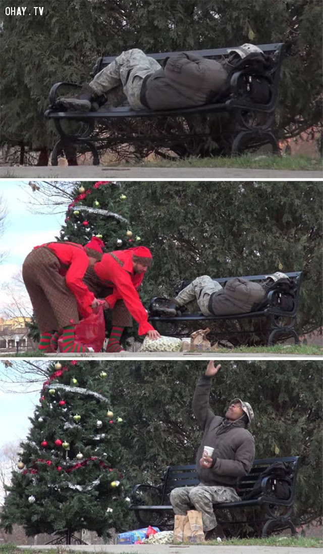 Các yêu tinh Giáng sinh tặng đồ ăn và quà cho người vô gia cư.,Hoa Kỳ,nước mỹ,lòng nhân ái