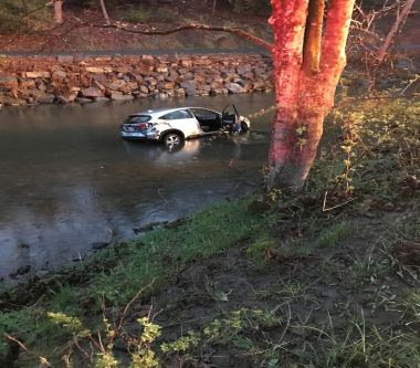 Car partially submerged in a creek