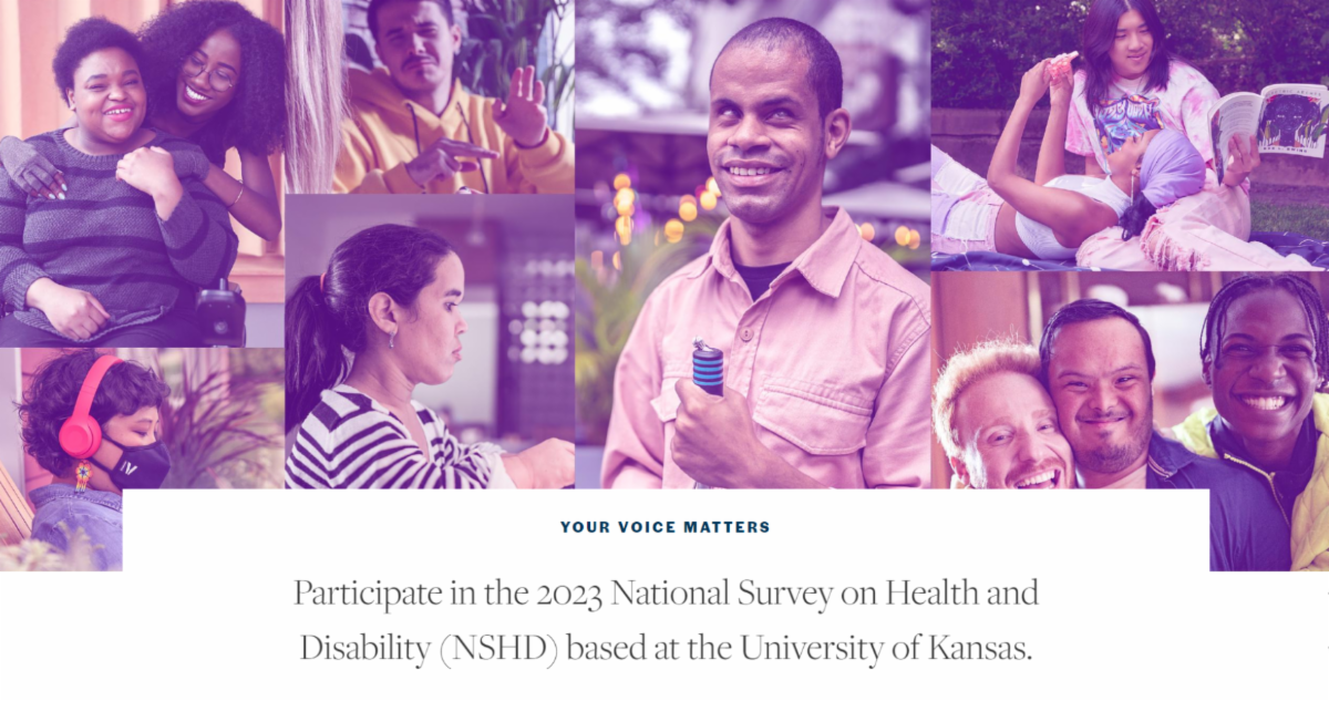 Banner. Text below images on different people reads Your Voice Matters Participate in the 2023 National Survey on Health and Disability (NSHD) based at the University of Kansas