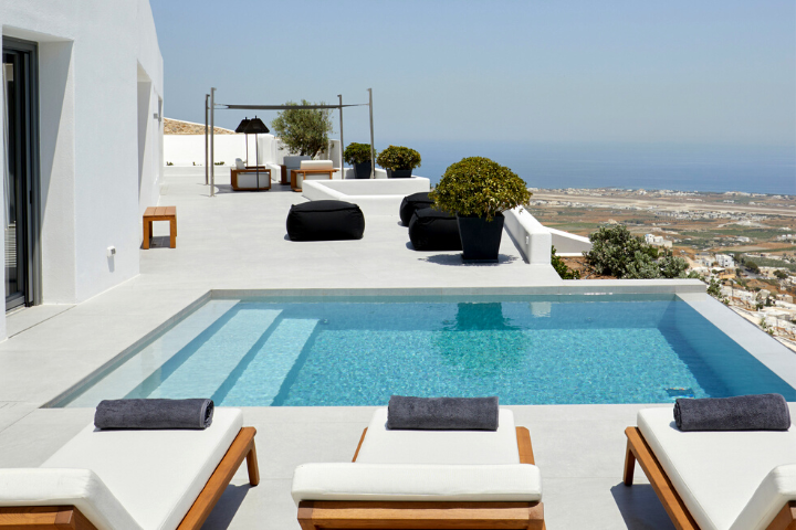 Grecian terrace overlooking ocean