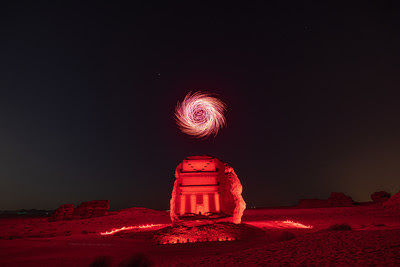An impressive drawing of light made by drones, creating an illusion of light at Hegra’s Drone Light Show. The show took place in AlUla in the Northwest of Saudi Arabia on 13, 14, 15th of October 2022 to mark the end of AlUla Wellness Festival, the first of a series of festivals and events forming together AlUla Moments Calendar.