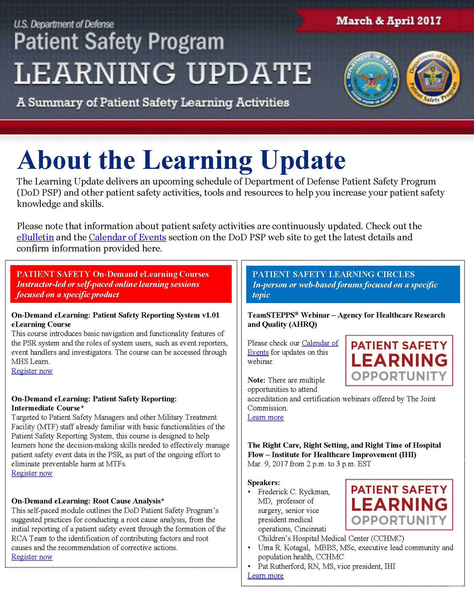 DoD PSP Learning Update: March-April 2017