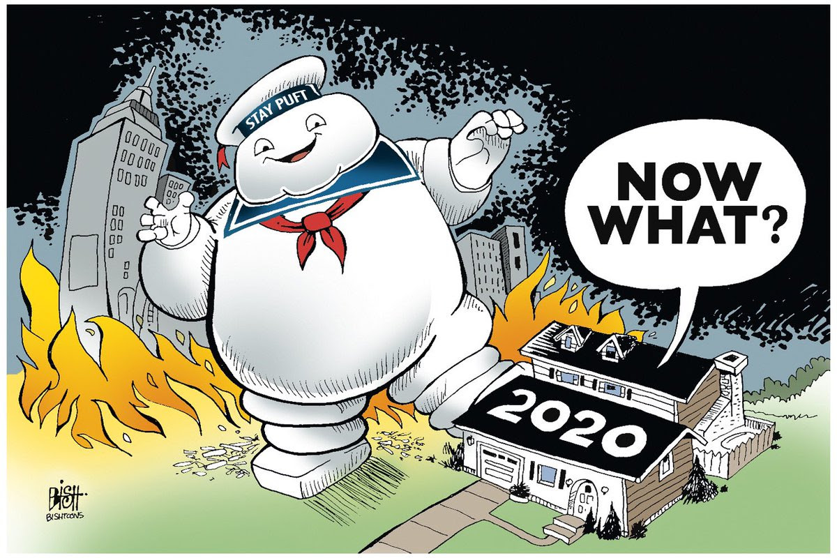 Cartoon showing monster crushing 2020 house