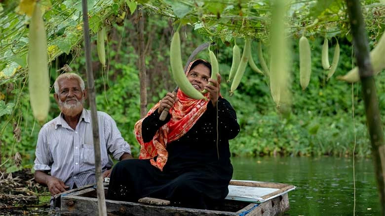 Un hombre y una mujer colectan frutras desde su barca en Bangladesh 