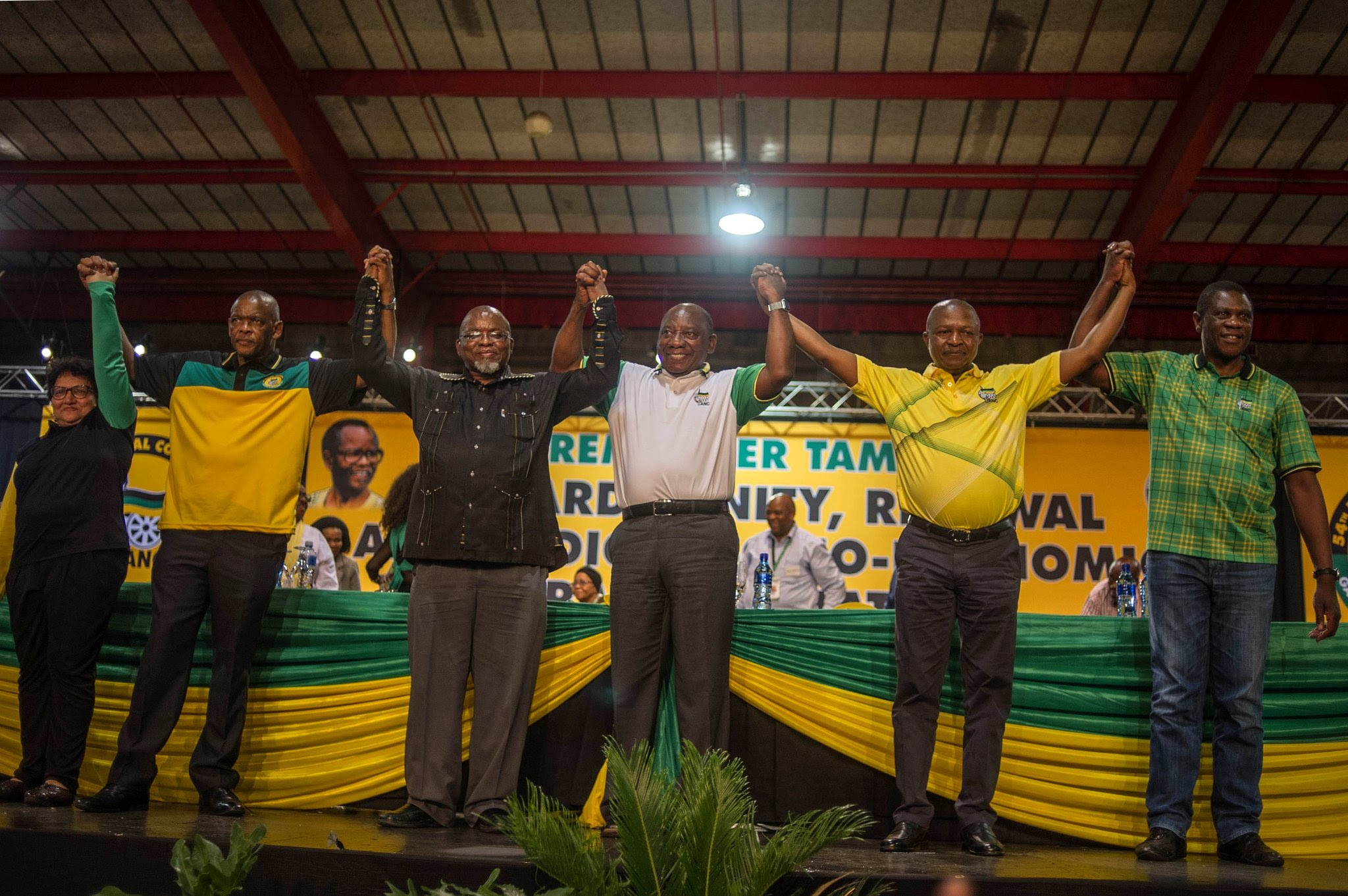 The top A.N.C. officials at a party conference in Johannesburg in December, from left: Jessie Duarte, Mr. Magashule, Gwede Mantashe, President Cyril Ramaphosa, Deputy President David Mabuza and Paul Mashatile. Credit Mujahid Safodien/Agence France-Presse — Getty Images 