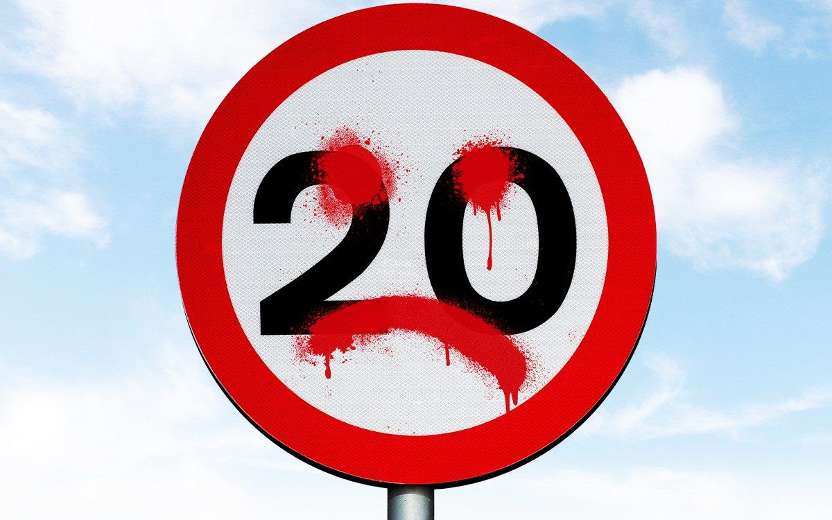 A traffic sign showing a speed limit of 20