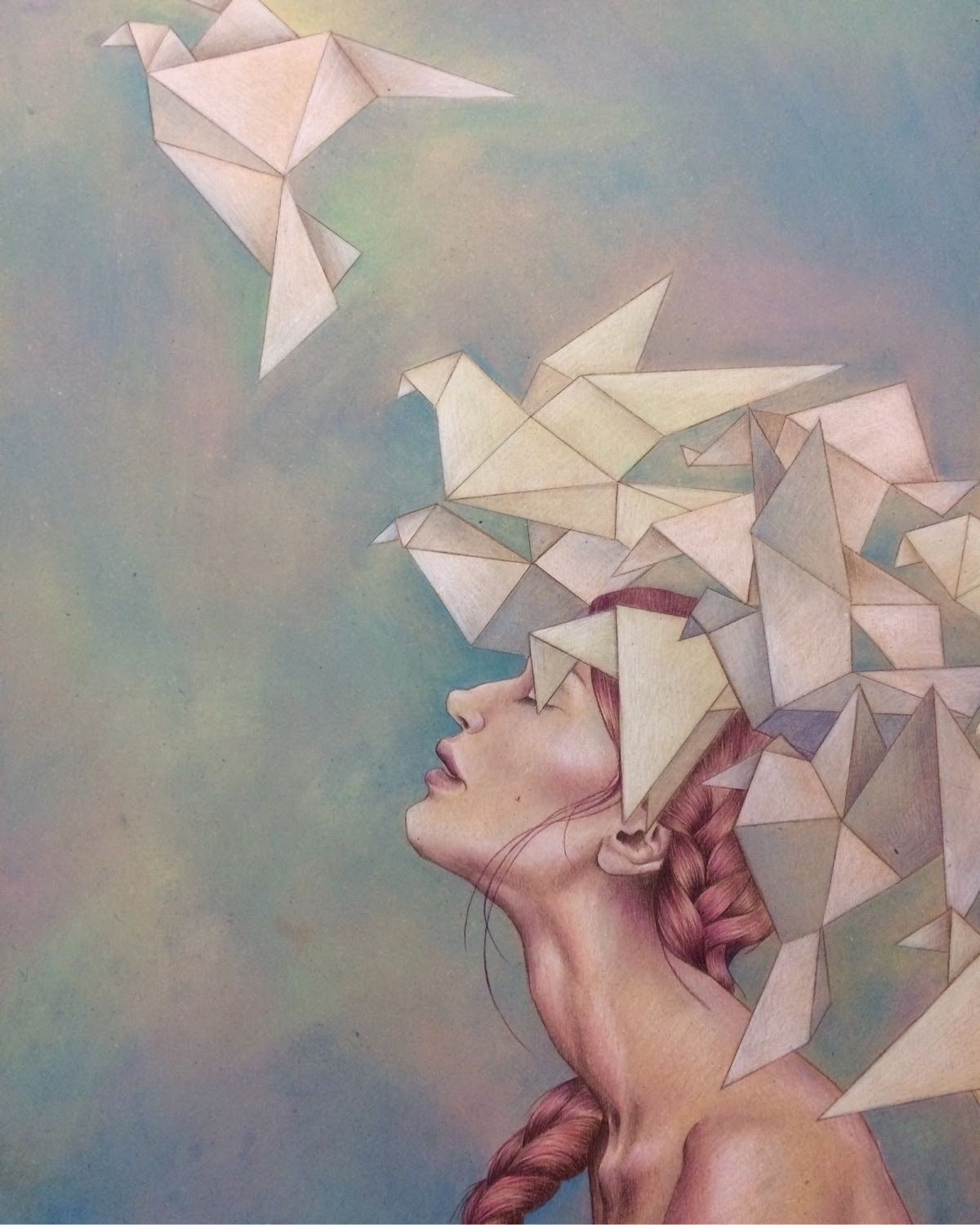 painting of woman with origami birds