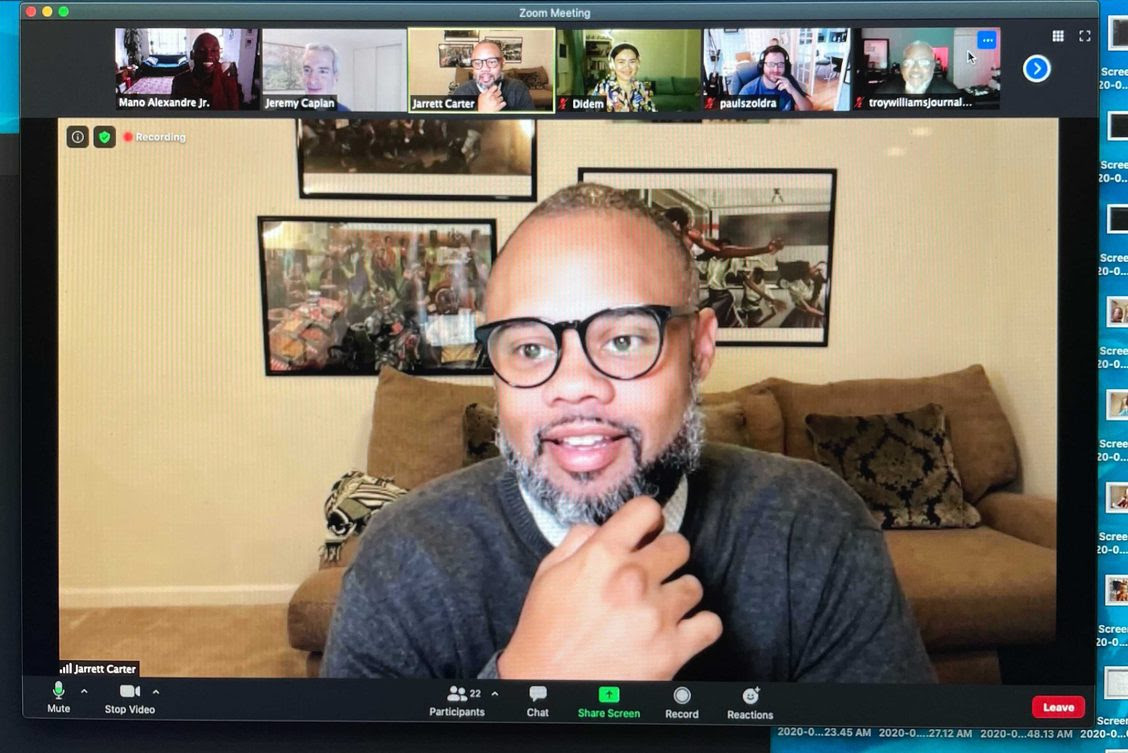 A photo of instructor Jarrett Carter teaching students on a video call