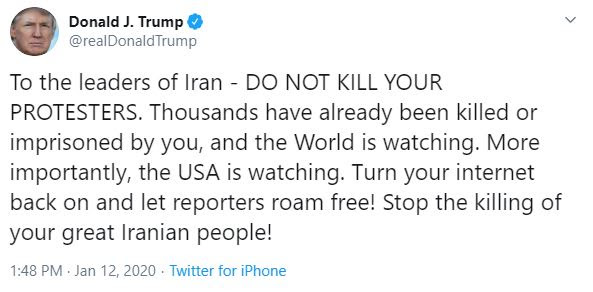  Trump tweeted in support of protesters and warned Iran not to attack