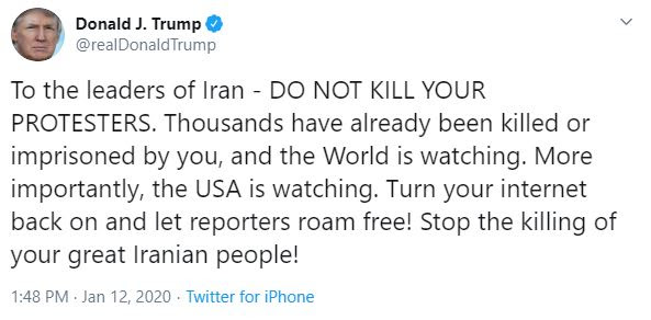 Trump tweeted in support of protesters and warned Iran not to attack