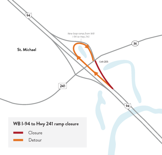 Westbound I-94 to Hwy 241 ramp closure detour map
