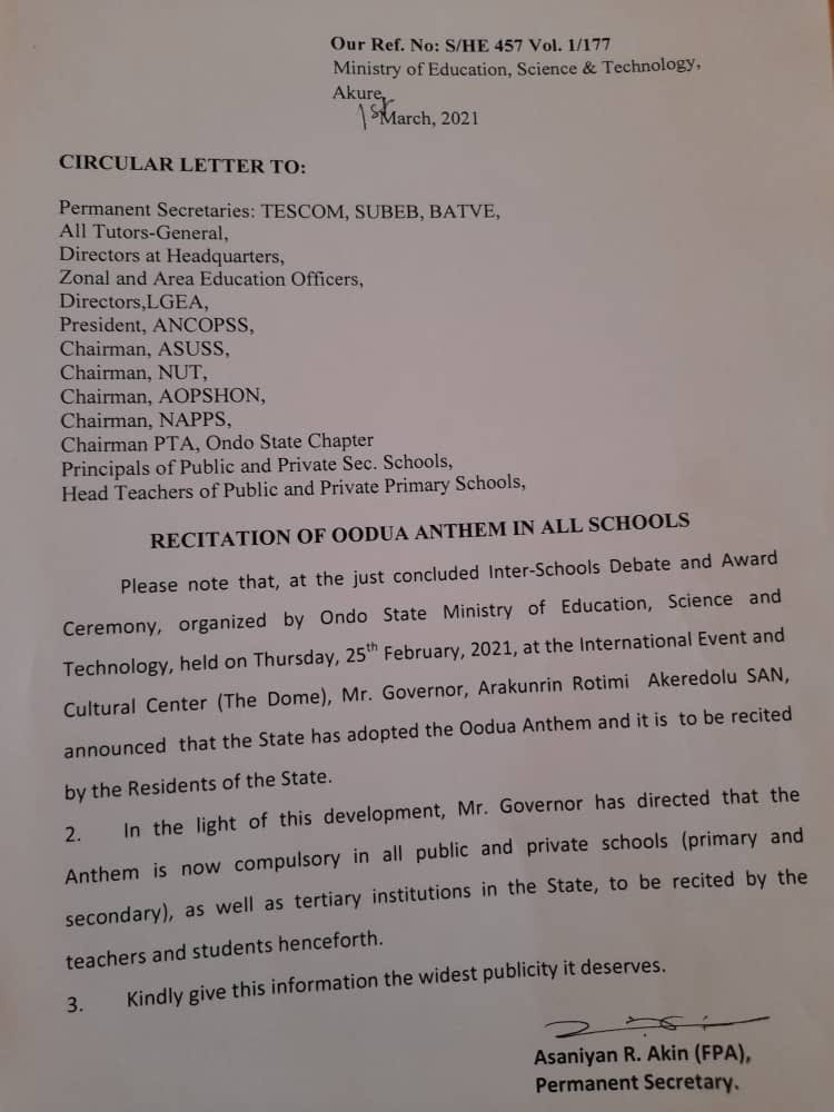 Governor Akeredolu orders compulsory recitation of Oodua anthem in all schools in Ondo state