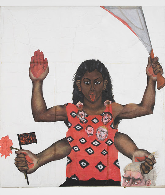 A painting of a woman dressed in red with four arms and long black hair. She is holding a knife, a flower, a flag and a severed head, and wears a necklace of heads. 