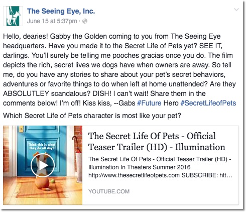 Image of Facebook post where Gabby talks about the Secret Life of Pets Movie