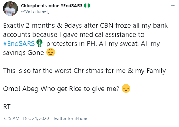 This is so far the worst Christmas for me and my Family - Medical personnel whose account was frozen after #EndSARS protest cries out