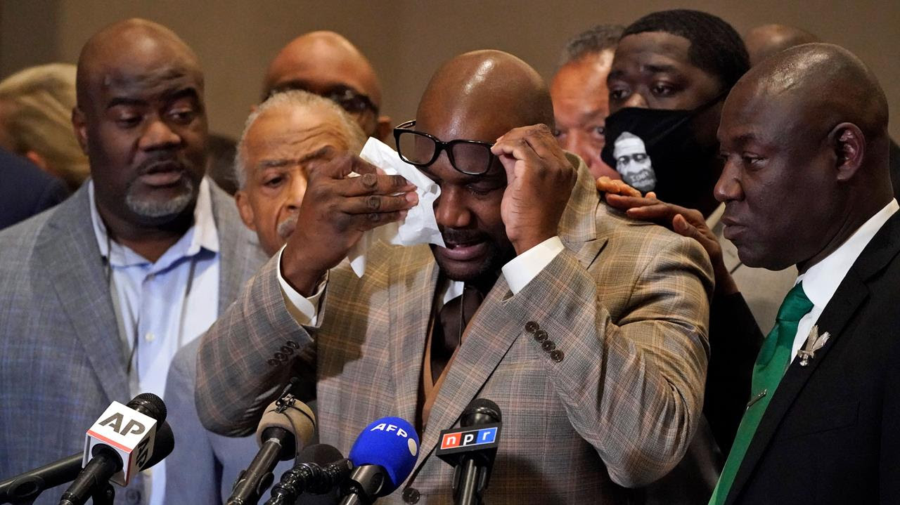 George Floyd's brother Philonise Floyd wipes his eyes during a news conference after the verdict was read in the trial of former Minneapolis Police officer Derek Chauvin for the murder of George Floyd, Minneapolis, Minn., April 20, 2021.