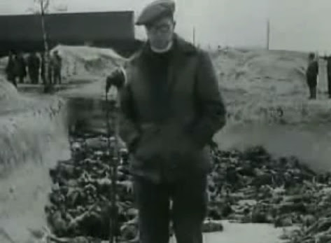 An English reporter with Hebrew                               accent is installed before the mass grave                               from allegedly April 24, 1945 filled with                               dead bodies (24min. 44sec.) - stating he                               &quot;does not know where the dead bodies                               are coming from&quot;...