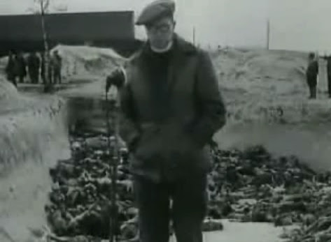 An English reporter with Hebrew                               accent is installed before the mass grave                               from allegedly April 24, 1945 filled with                               dead bodies (24min. 44sec.) - stating he                               &amp;quot;does not know where the dead bodies                               are coming from&amp;quot;...