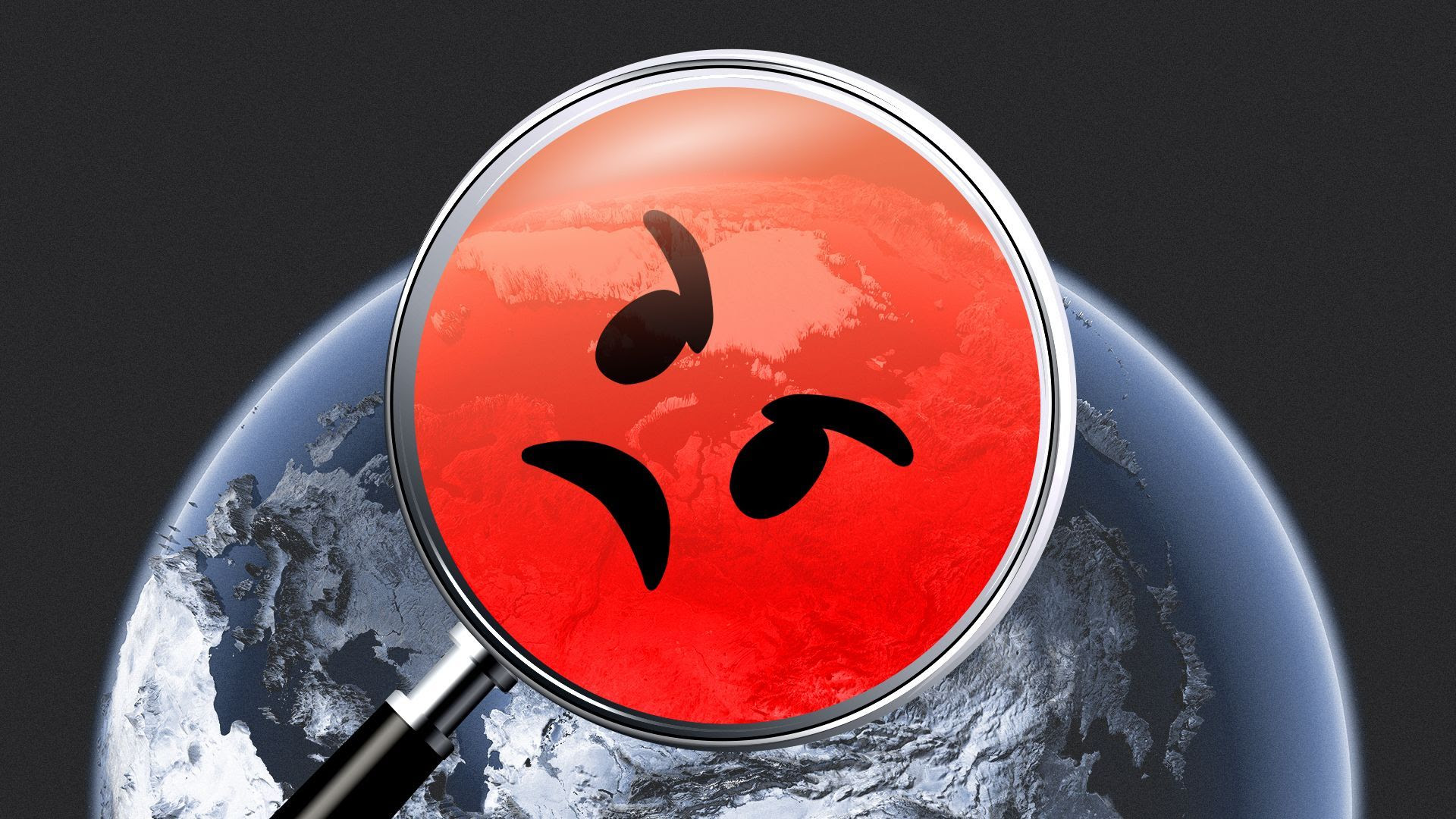 Illustration of a mad emoji face on a magnifying glass, which is examining Europe and Asia on a globe