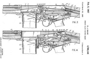 Patent for FN FAL rifle, showing simple short stroke gas piston rod in front of the separate bolt carrier.
