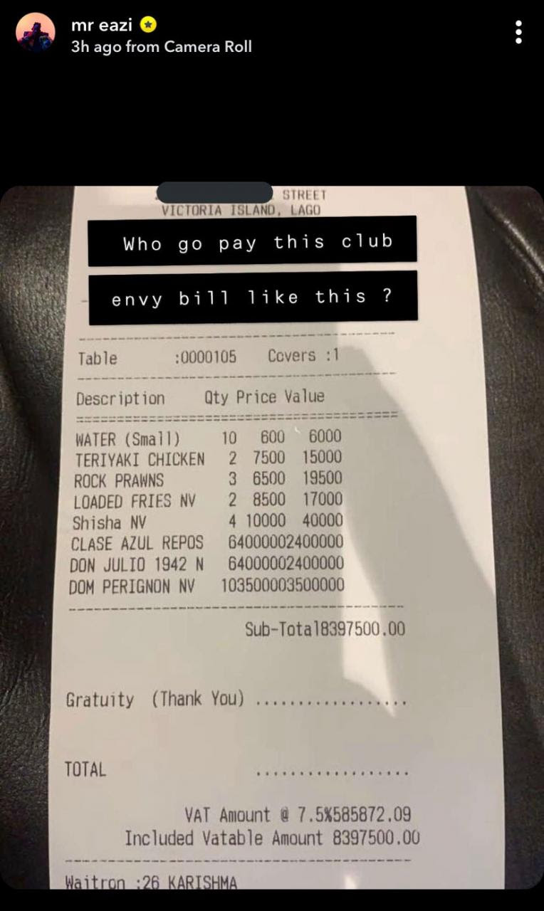 Mr Eazi shows off receipt of over N8.3 million spent on drinks at a Lagos club