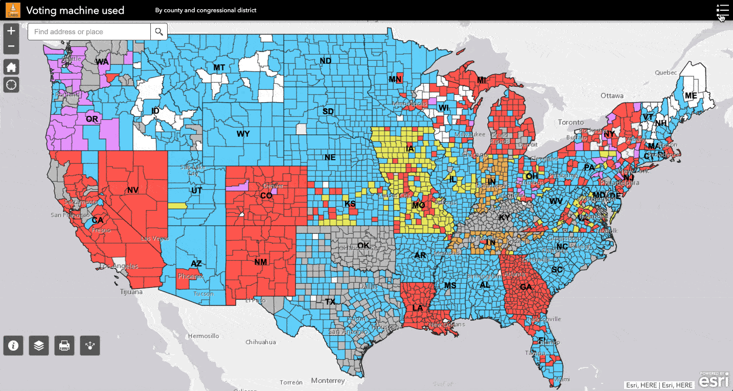 Map of voting machines by district, county and congressional district.