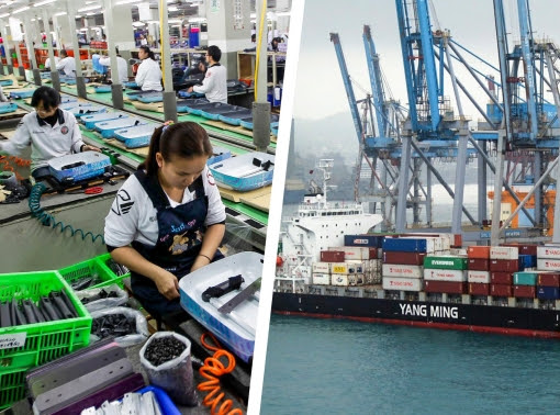 Production line at Eminent Luggage Corp. in Taiwan and ship at Keelung, Taiwan, photos by Pichi Chuang/Reuters and pete/CC by 2.0