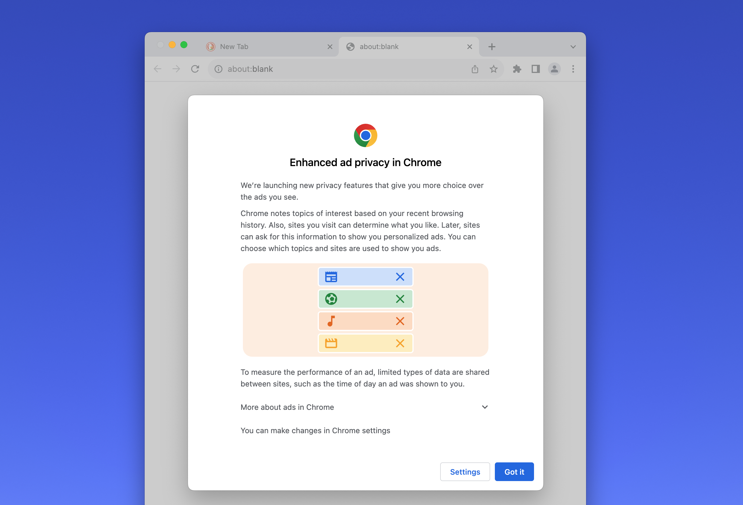 Capture d'écran du navigateur Chrome avec la page « Confidentialité améliorée des publicités dans Chrome »