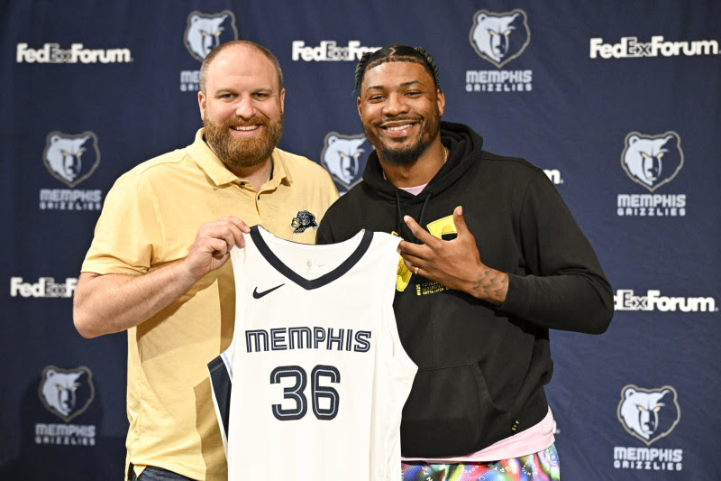 LAS VEGAS, NV - JULY 7: The Memphis Grizzlies introduce Marcus Smart during a press conference on July 7, 2023 in Las Vegas, Nevada NOTE TO USER: User expressly acknowledges and agrees that, by downloading and/or using this Photograph, user is consenting to the terms and conditions of the Getty Images License Agreement. Mandatory Copyright Notice: Copyright 2023 NBAE (Photo by David Dow/NBAE via Getty Images)