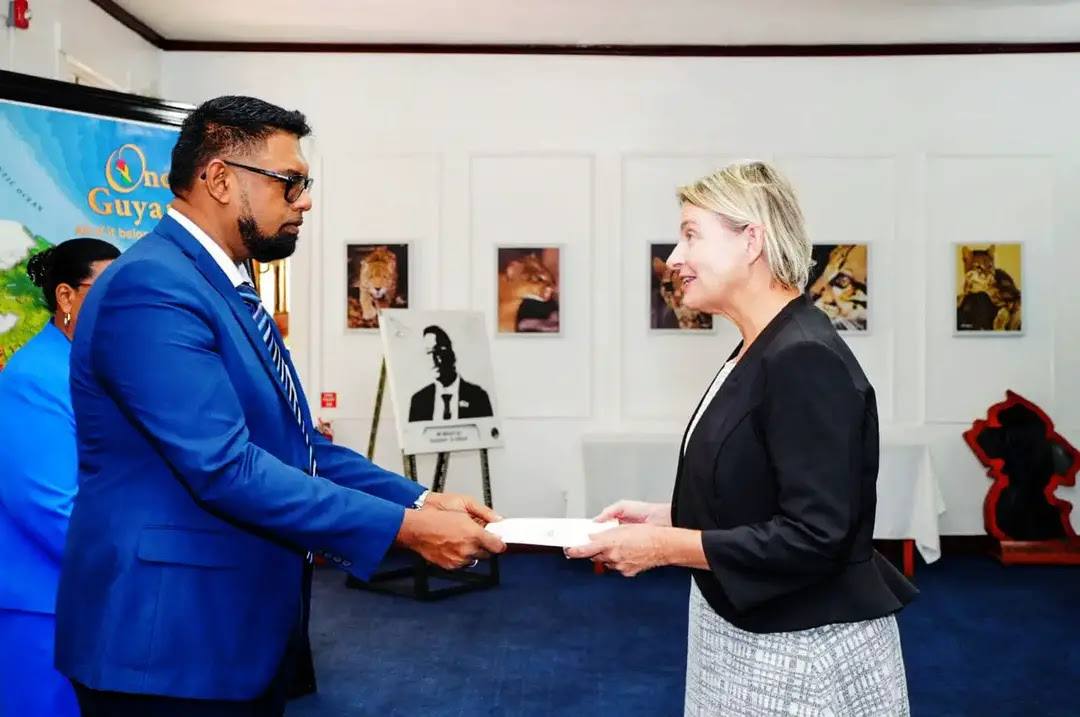 President Irfaan Ali accepting Letters of Credence from the new High Commissioner of the Commonwealth of Australia, Sonya Koppe (Office of President photo)