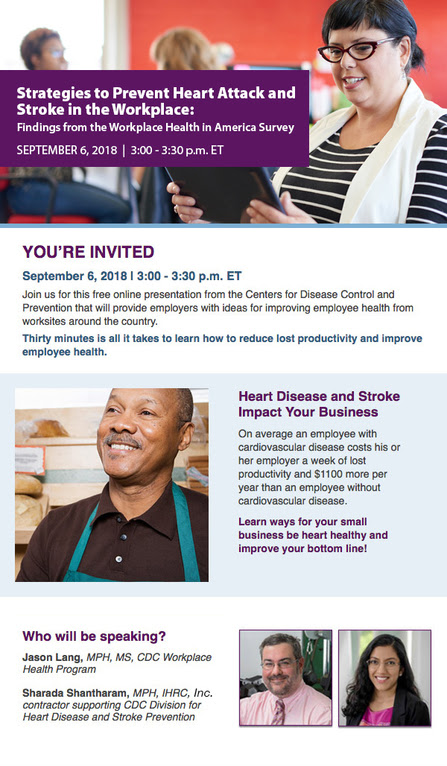 Register for September 6 webinar, 3 to 3:30 p.m. Eastern Time, on Strategies to Prevent Heart Attack and Stroke in the Workplace