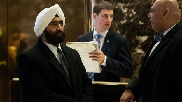 Jesse Singh, American Sikhs for Trump, and Sajid Tarar, founder of Muslim Americans for Trump, arrive at Trump Tower, January 5, 2017 in New York City.