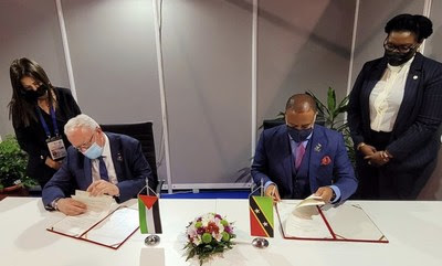 Foreign Minister Riad Maliki of the State of Palestine and Foreign Affairs Mark Brantley of St Kitts and Nevis signed a visa-free waiver agreement at the 60th anniversary of the Non-Aligned Movement in Serbia this week Foreign Minister Riad Maliki of the State of Palestine and Foreign Affairs Mark Brantley of St Kitts and Nevis signed a visa-free waiver agreement at the 60th anniversary of the Non-Aligned Movement in Serbia this week