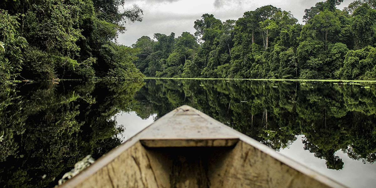 The bow of a small boat moves up a tributary of the Amazon River in Peru, with forests in the background. © undefined
