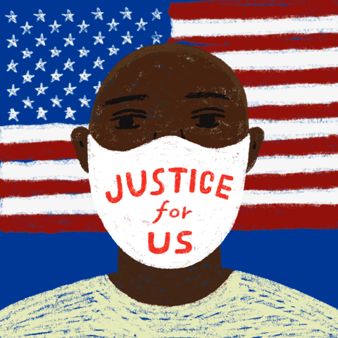 Image of people wearing masks that say "justice for us"