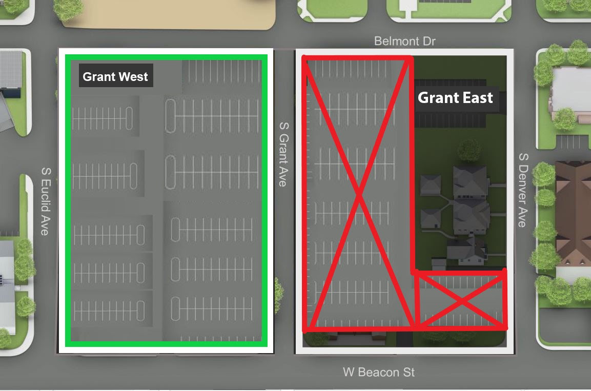 Map showing the Grant East lot being closed and the alternate location: Grant West