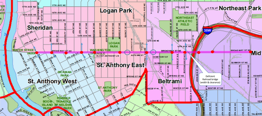 Broadway St NE with areas of concerns