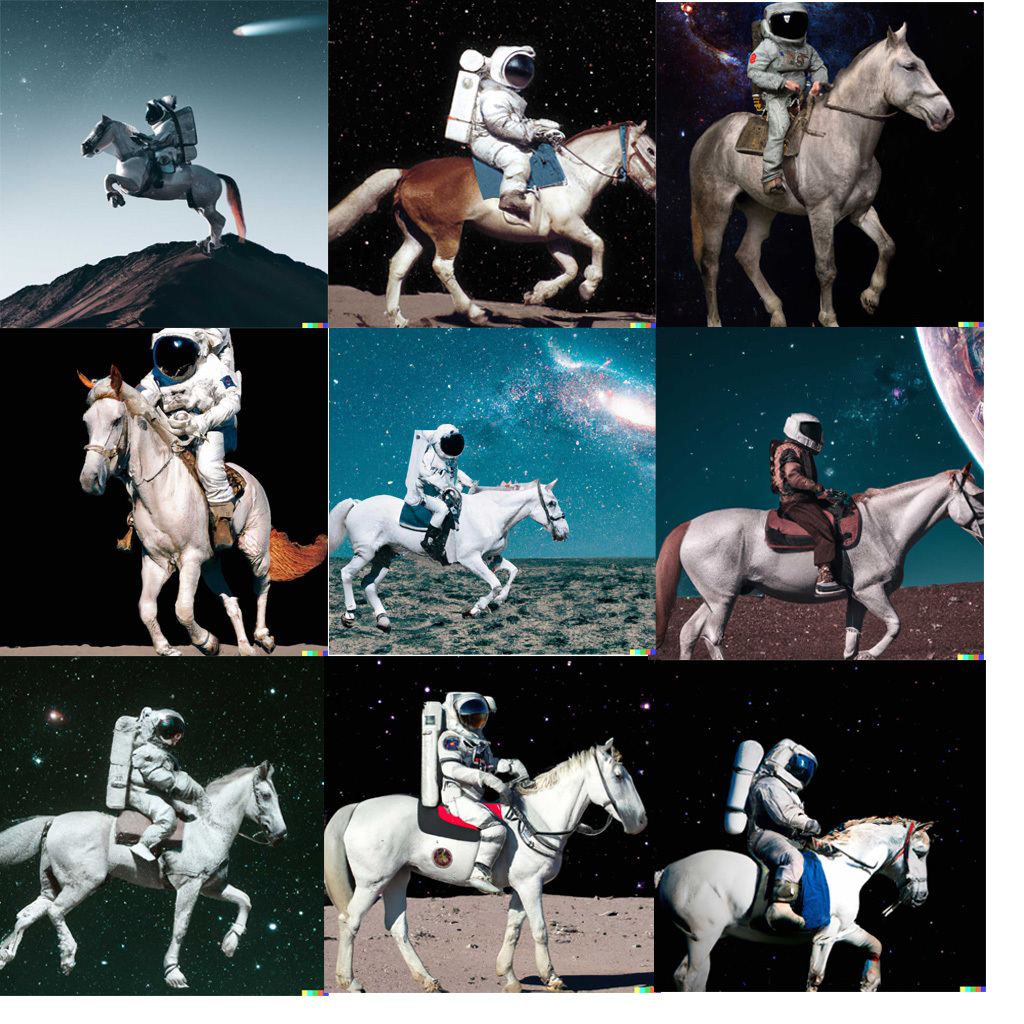 Nine images showing astronauts on horses on other planets
