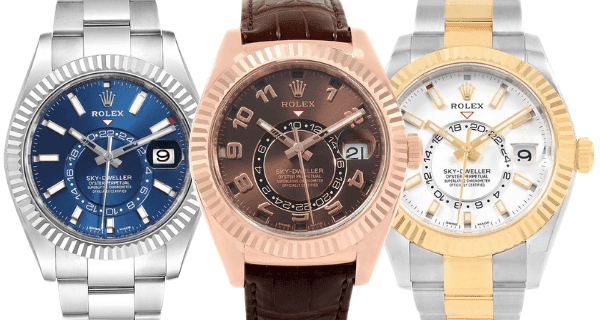 Rolex Sky-Dweller models: Blue Dial Steel White Gold, Chocolate Brown Everose Gold, Yellow Gold Steel White Dial