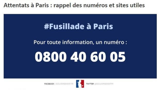 Screengrab of French interior ministry website with hotline number (14 November)