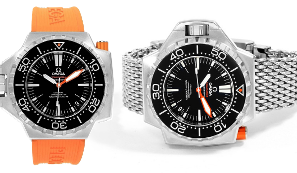 Omega Seamaster PloProf Steel Mens Watch with orange rubber strap, and stainless steel mesh "shark proof" bracelet