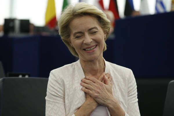 Ursula von der Leyen gestures after being elected as the new European Commission President in Strasbourg, France, on July 16. (Jean-Francois Badias/AP)