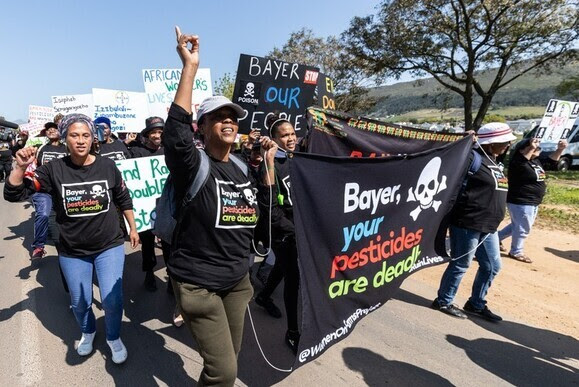 Ouvrières sud-africaines dans la rue contre les pesticides dangeureux importés par Bayer. Crédit Photo: Ashraf Hendricks