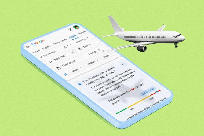 Plane takes off from phone showing new Google Flights features.