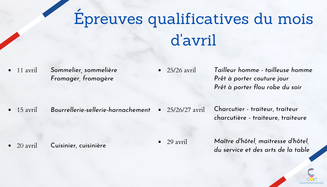 Calendrier épreuves d'avril